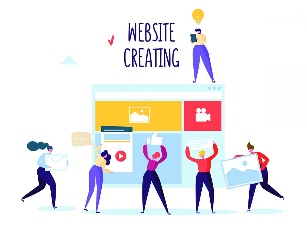 Illustration of people moving website icons onto a web screen. Text: website creating